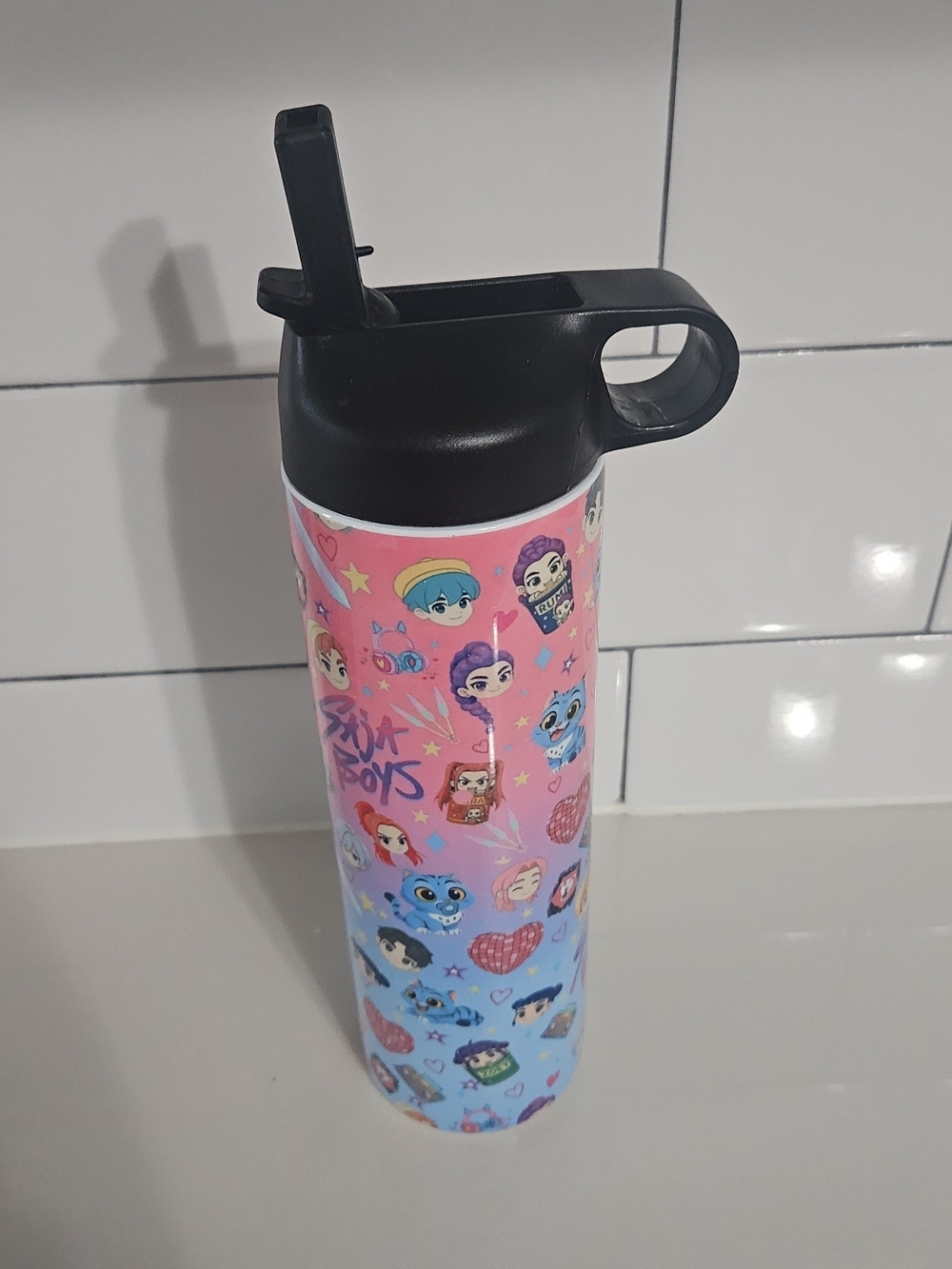 Cute Pink & Blue Character Water Bottle with Black Flip Straw Lid